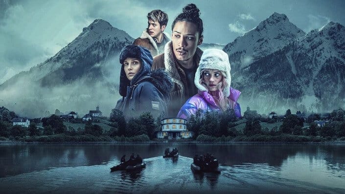 An eerie snow-covered Alps village at night from the Netflix crime show Anthracite